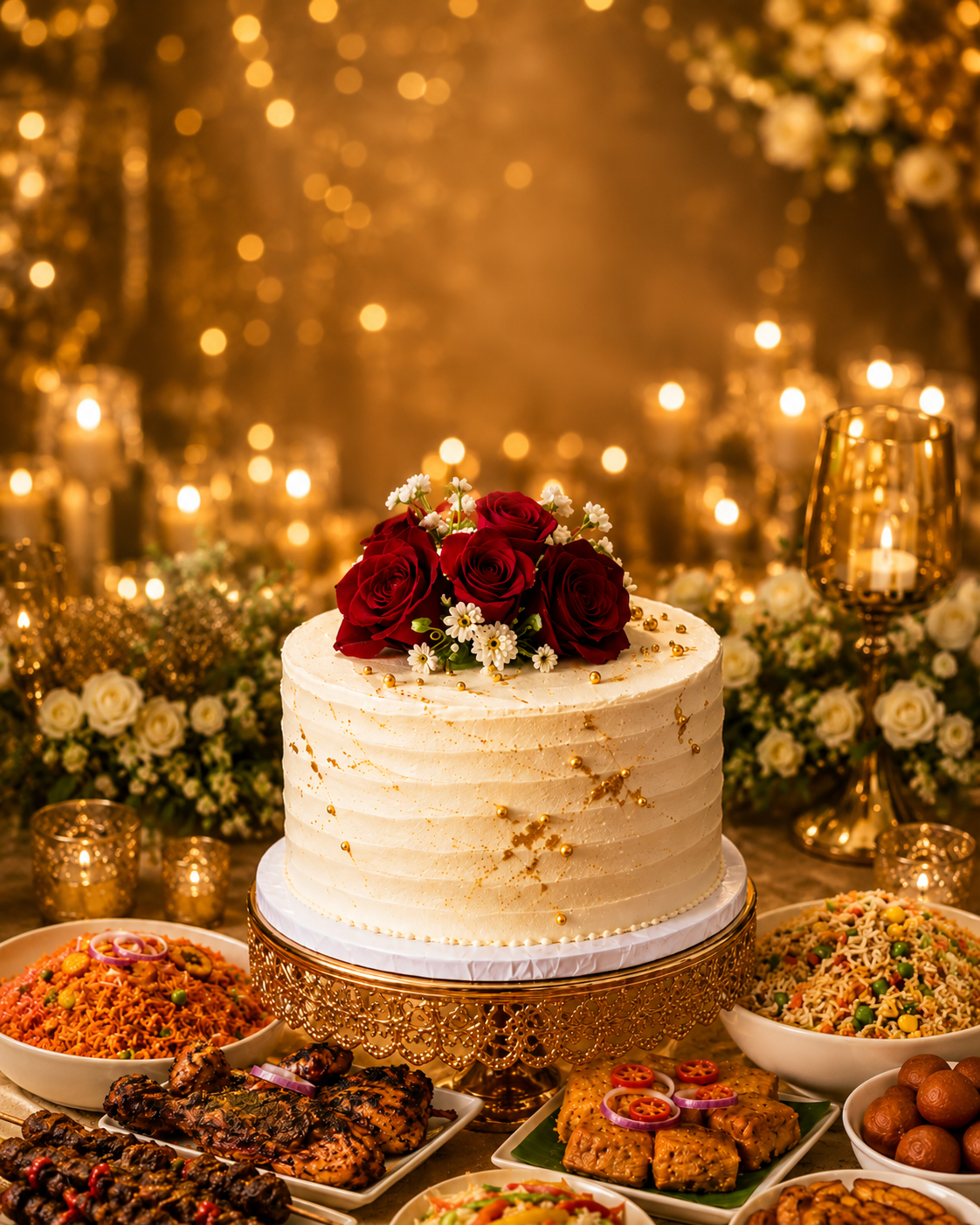 Luxury banquet of Nigerian dishes and a black-and-gold tiered cake