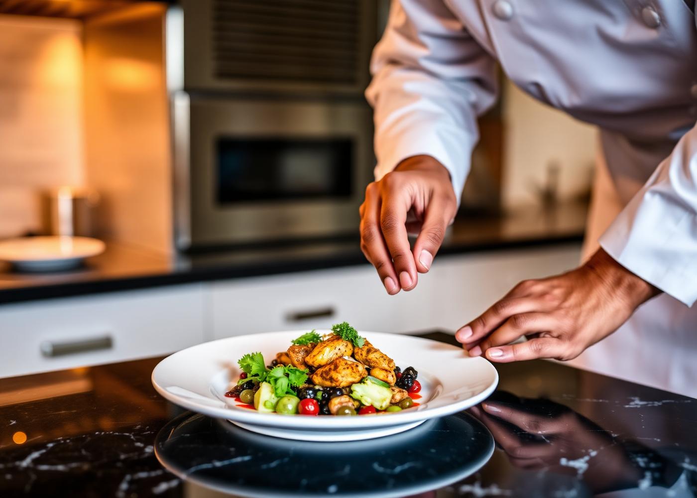 Chef plating a refined dish in a home kitchen